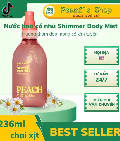 Xịt thơm có nhũ Victoria Secret Shimmer Body Mist Peach hương thơm đào mọng 236ml