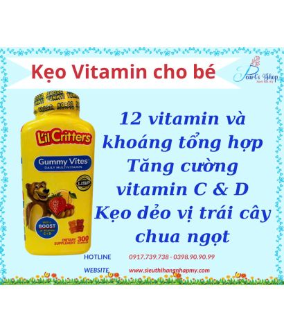 Vitamin tổng hợp cho bé dạng kẹo dẻo GUMMY VITES L'ilCritters 300 viên (Mẫu mới nhất)